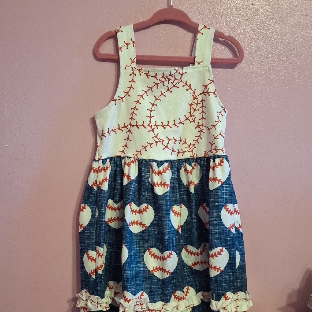 Baseball Print Kids Dress - Red and Blue